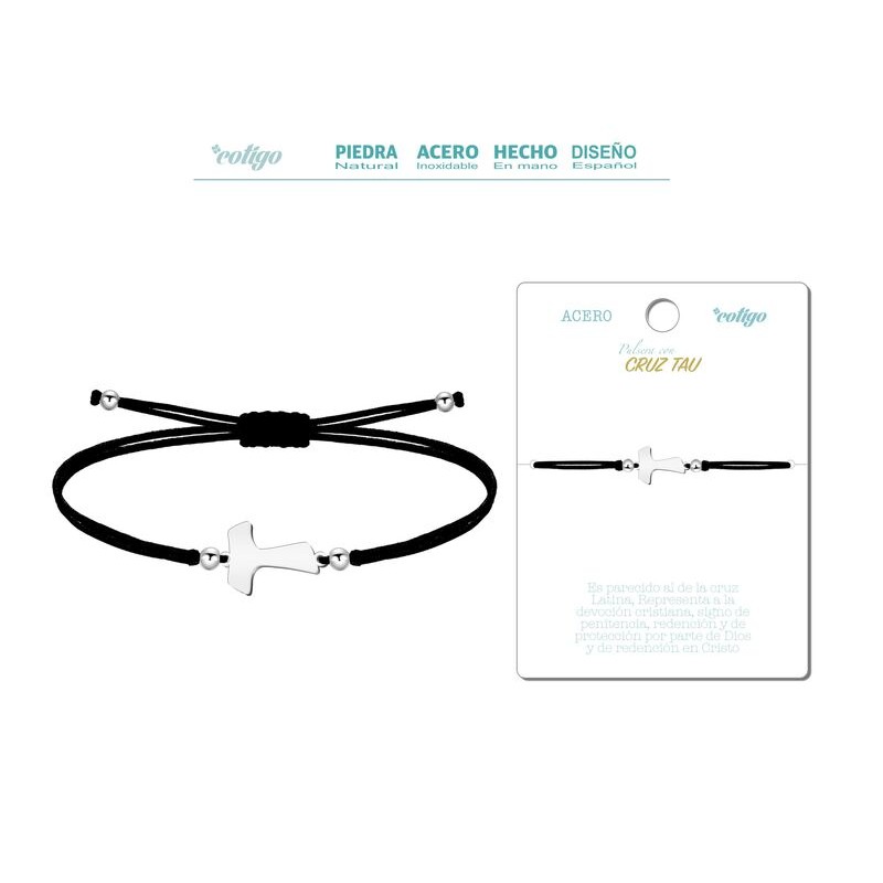 Pulsera Hilo Negro Cruz Tau Plateado - Coleccion amuleto pulsera negra